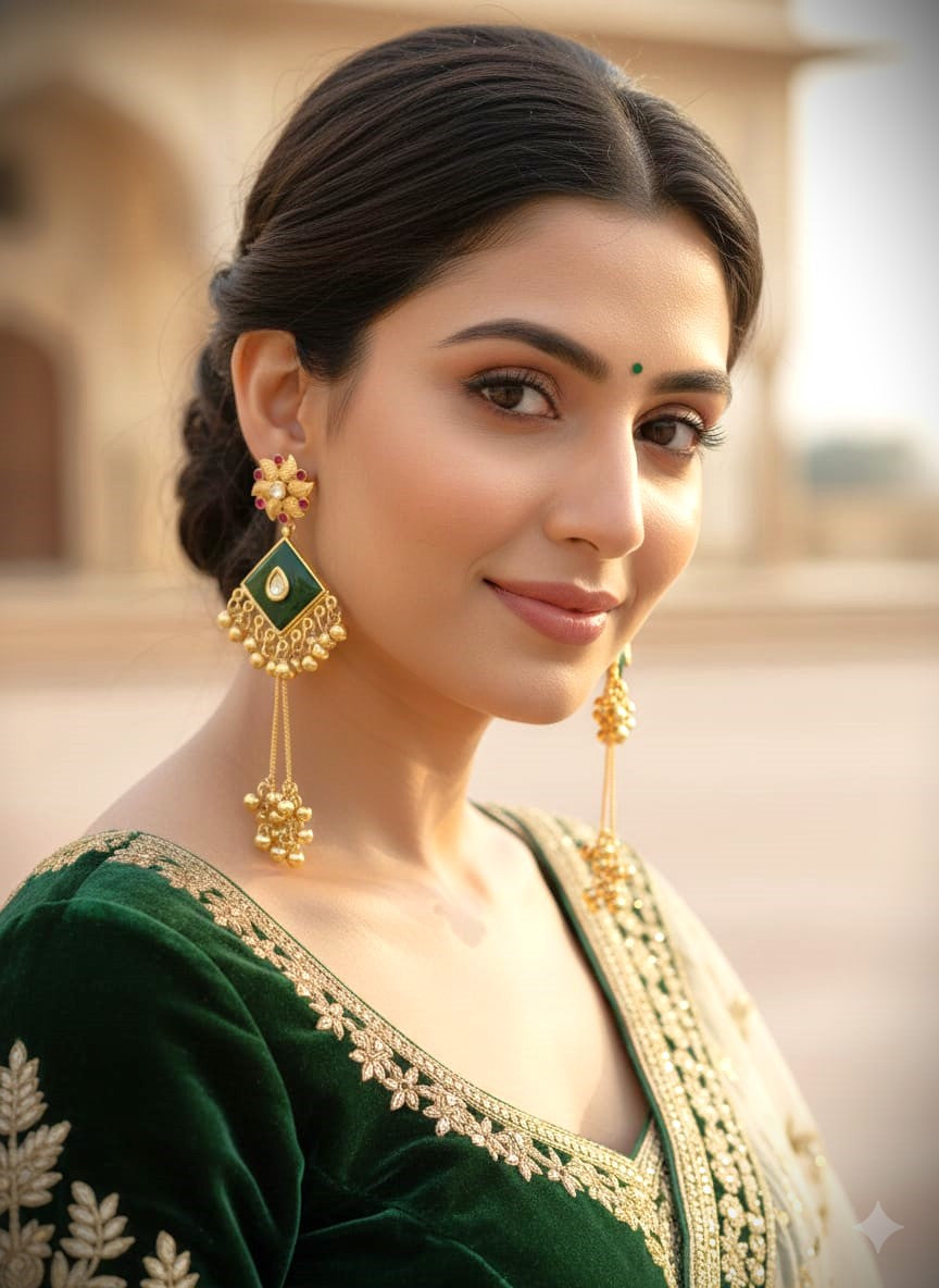 Green Enamel Gold Polish Long Dangle Earrings in Brass | Traditional Festive & Wedding Earrings