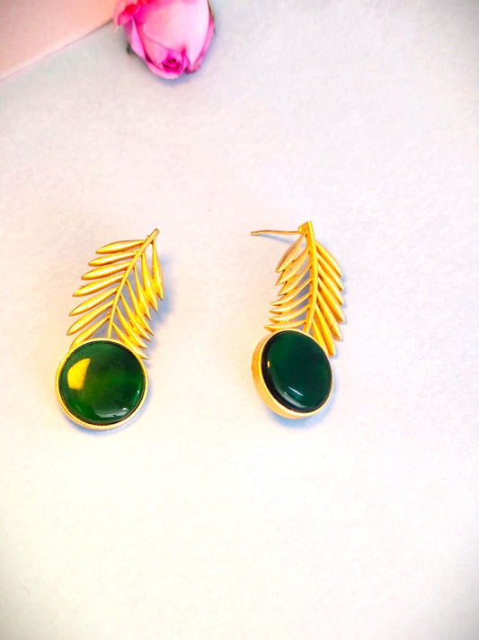 Green Stone Leaf Design Brass Earrings