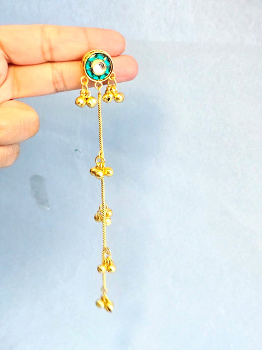 Green Stone Stud Long Chain Brass Earrings | Antique Gold Minimalist Drop Earrings for Women