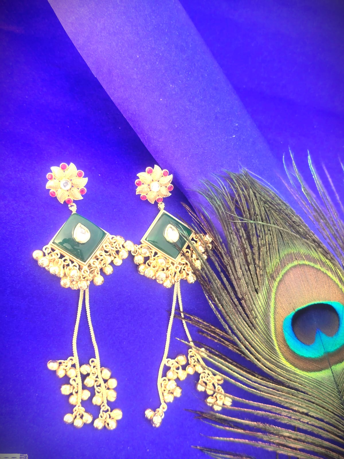 Green Enamel Gold Polish Long Dangle Earrings in Brass | Traditional Festive & Wedding Earrings