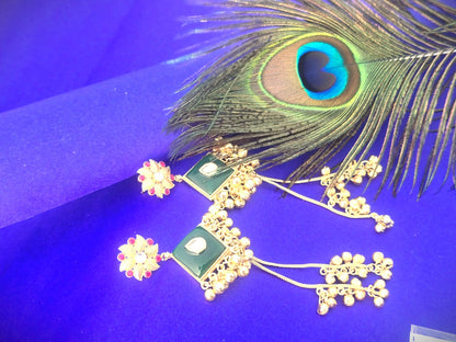 Green Enamel Gold Polish Long Dangle Earrings in Brass | Traditional Festive & Wedding Earrings