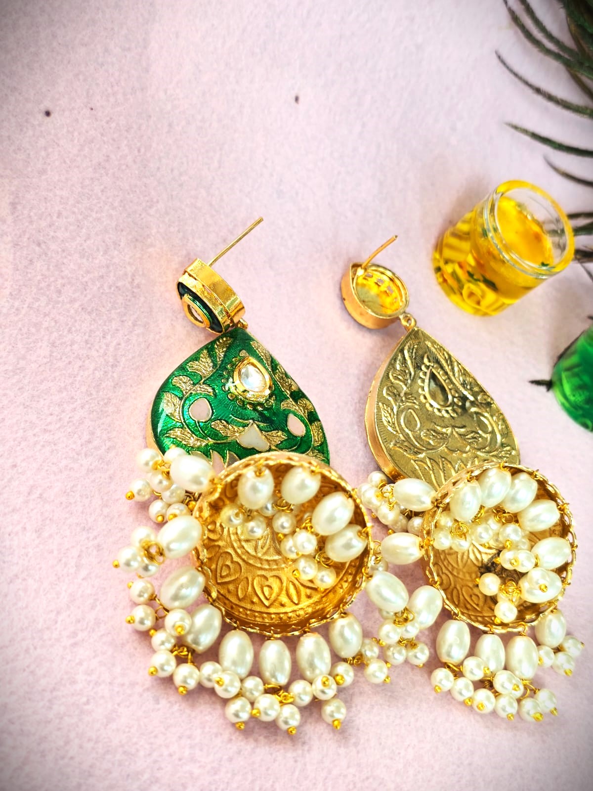 Green Meenakari Pearl Jhumka Earrings ,Traditional Bridal & Festive Wear