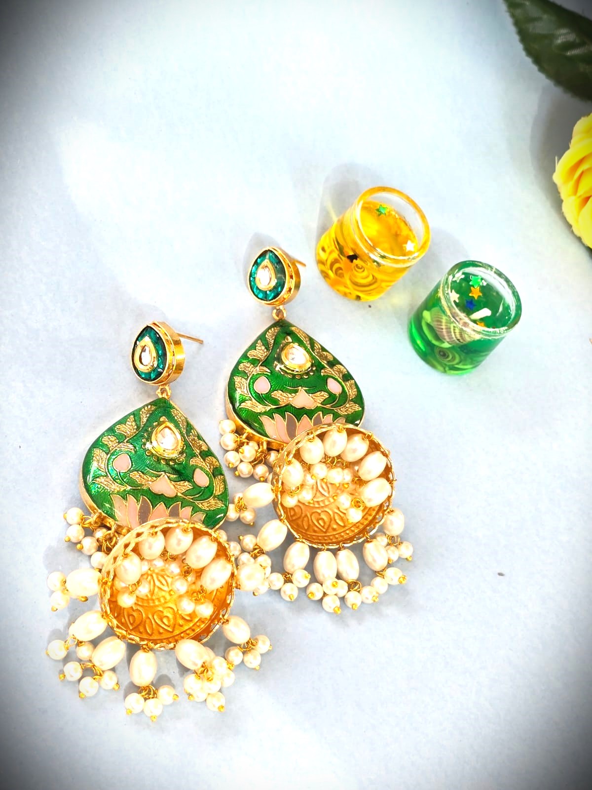 Green Meenakari Pearl Jhumka Earrings ,Traditional Bridal & Festive Wear