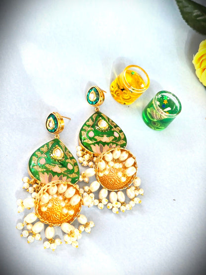 Green Meenakari Pearl Jhumka Earrings ,Traditional Bridal & Festive Wear