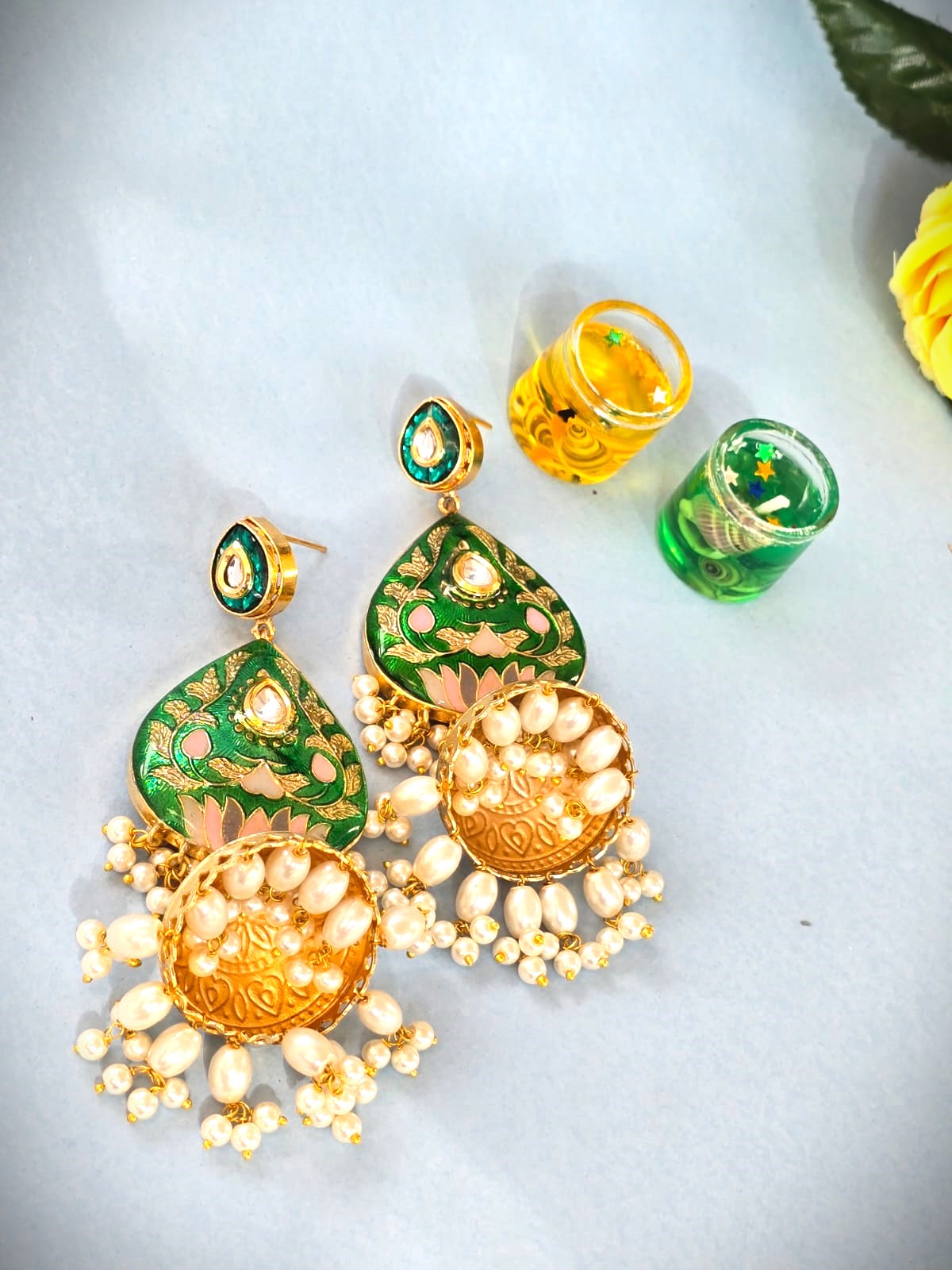 Green Meenakari Pearl Jhumka Earrings ,Traditional Bridal & Festive Wear