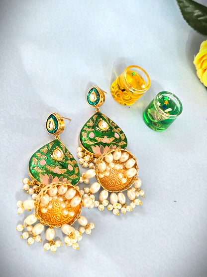 Green Meenakari Pearl Jhumka Earrings ,Traditional Bridal & Festive Wear
