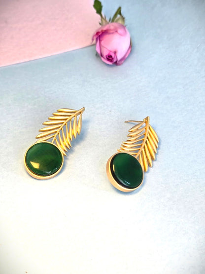 Green Stone Leaf Design Brass Earrings