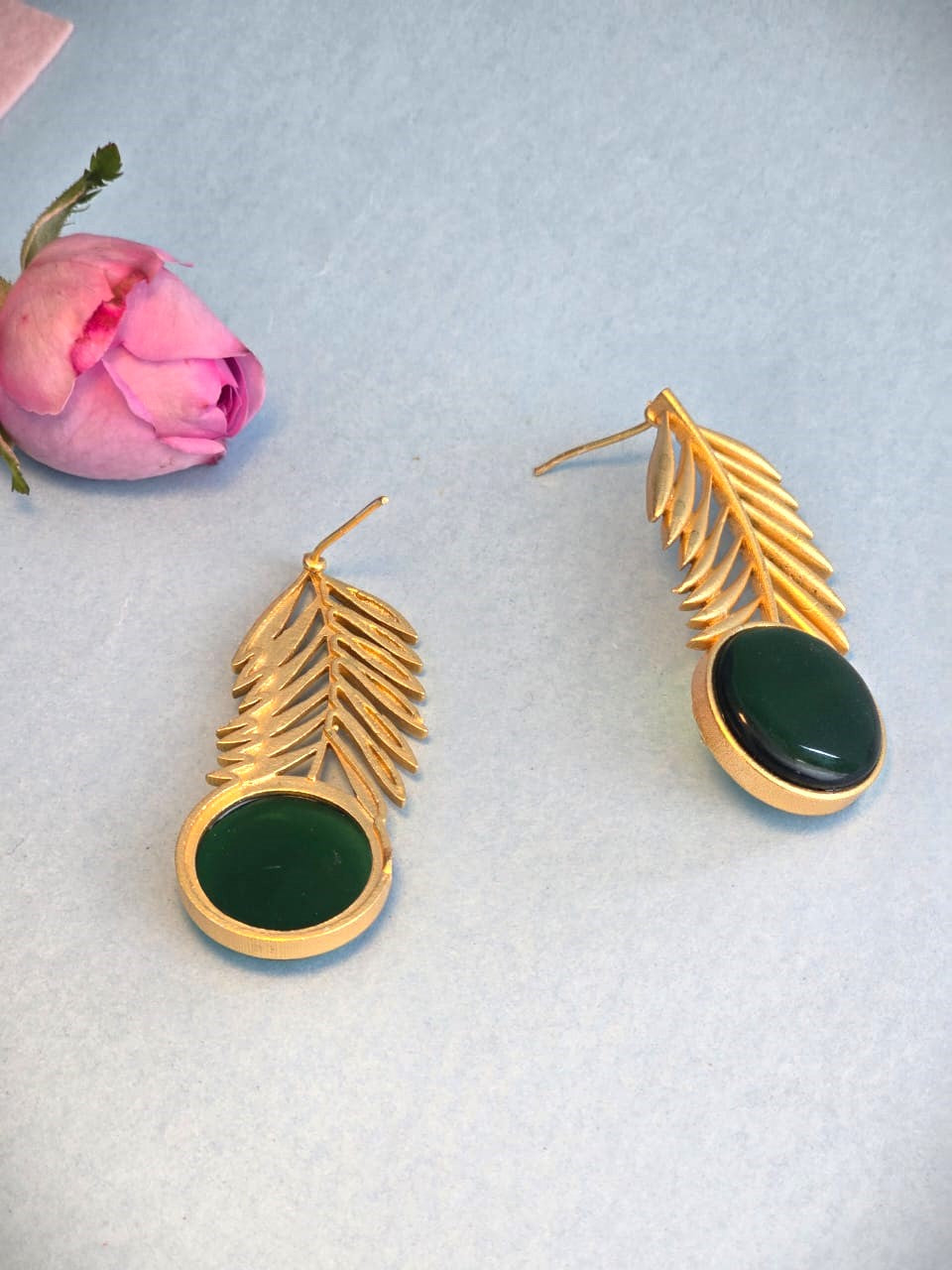 Green Stone Leaf Design Brass Earrings