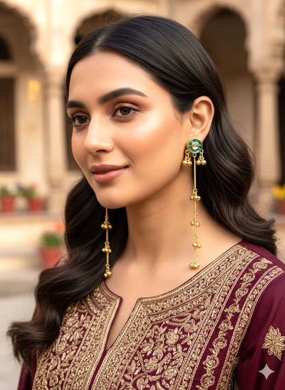 Green Stone Stud Long Chain Brass Earrings | Antique Gold Minimalist Drop Earrings for Women