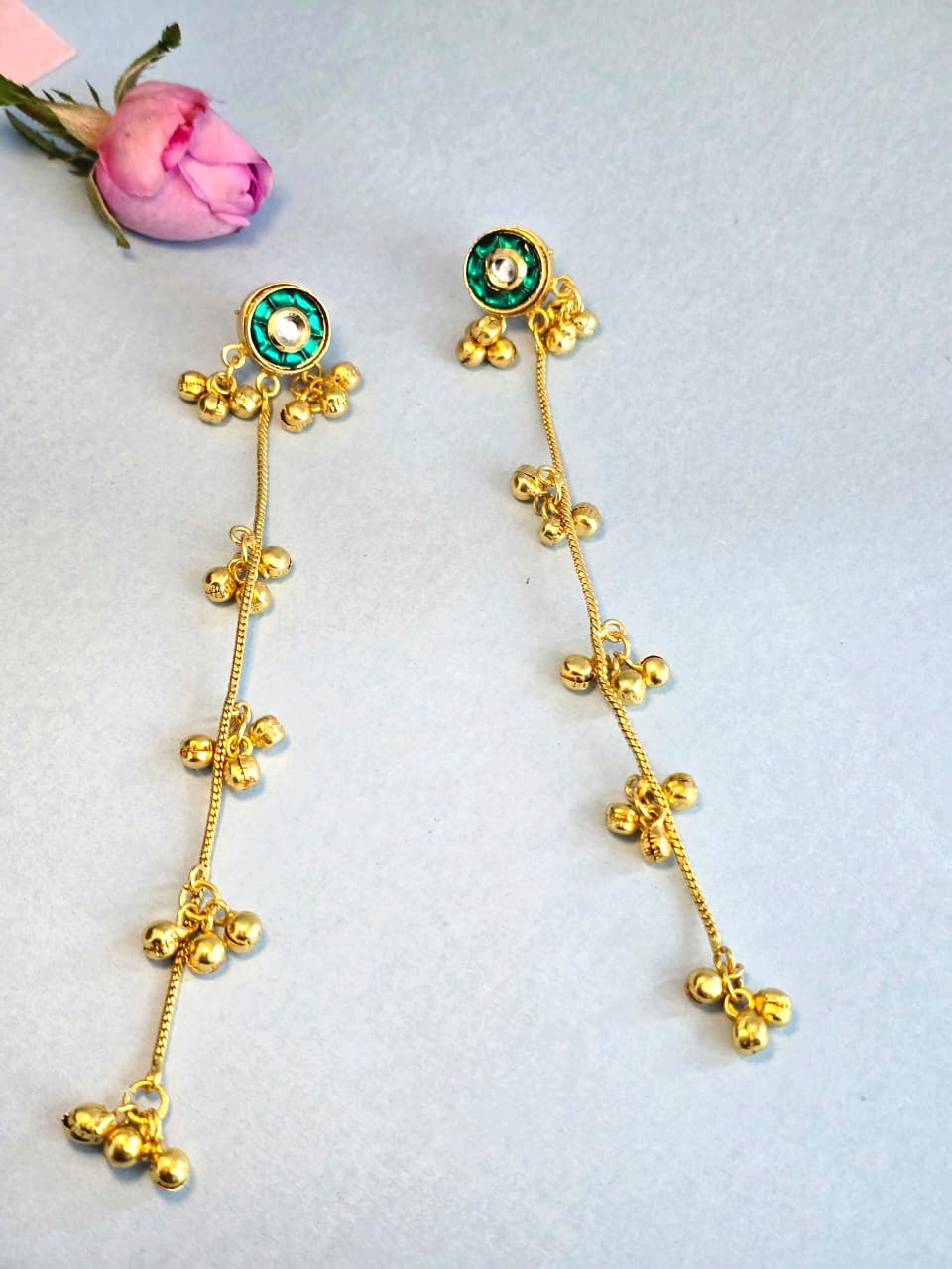 Green Stone Stud Long Chain Brass Earrings | Antique Gold Minimalist Drop Earrings for Women