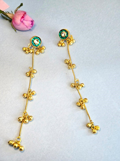 Green Stone Stud Long Chain Brass Earrings | Antique Gold Minimalist Drop Earrings for Women