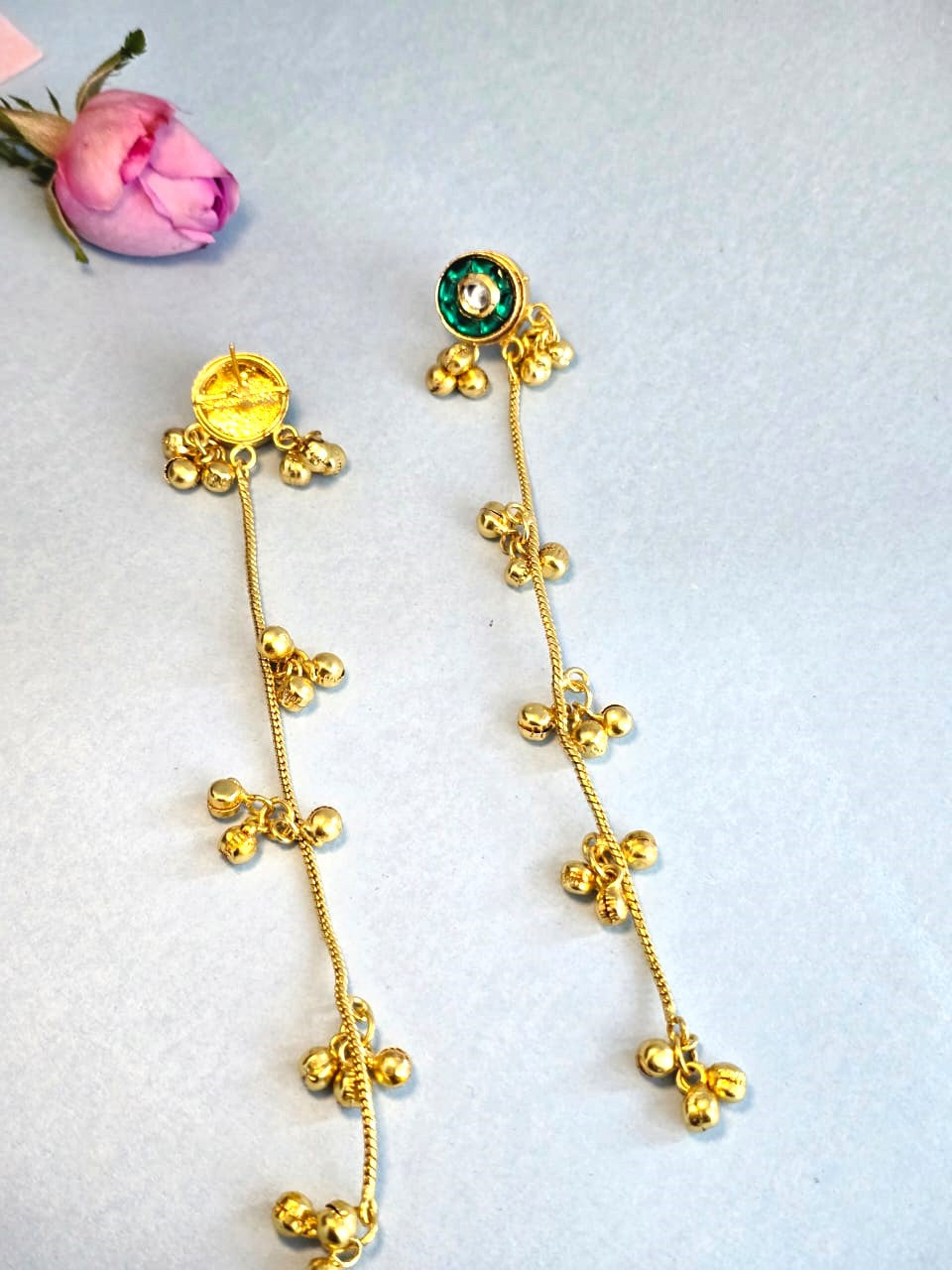 Green Stone Stud Long Chain Brass Earrings | Antique Gold Minimalist Drop Earrings for Women