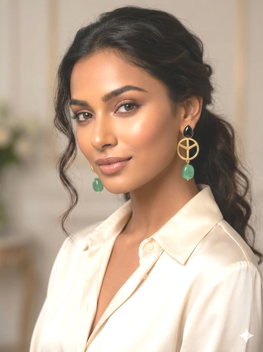 Handcrafted Brass Drop Earrings with Black & Green Stone | Contemporary Ethnic Earrings – RavJyoti