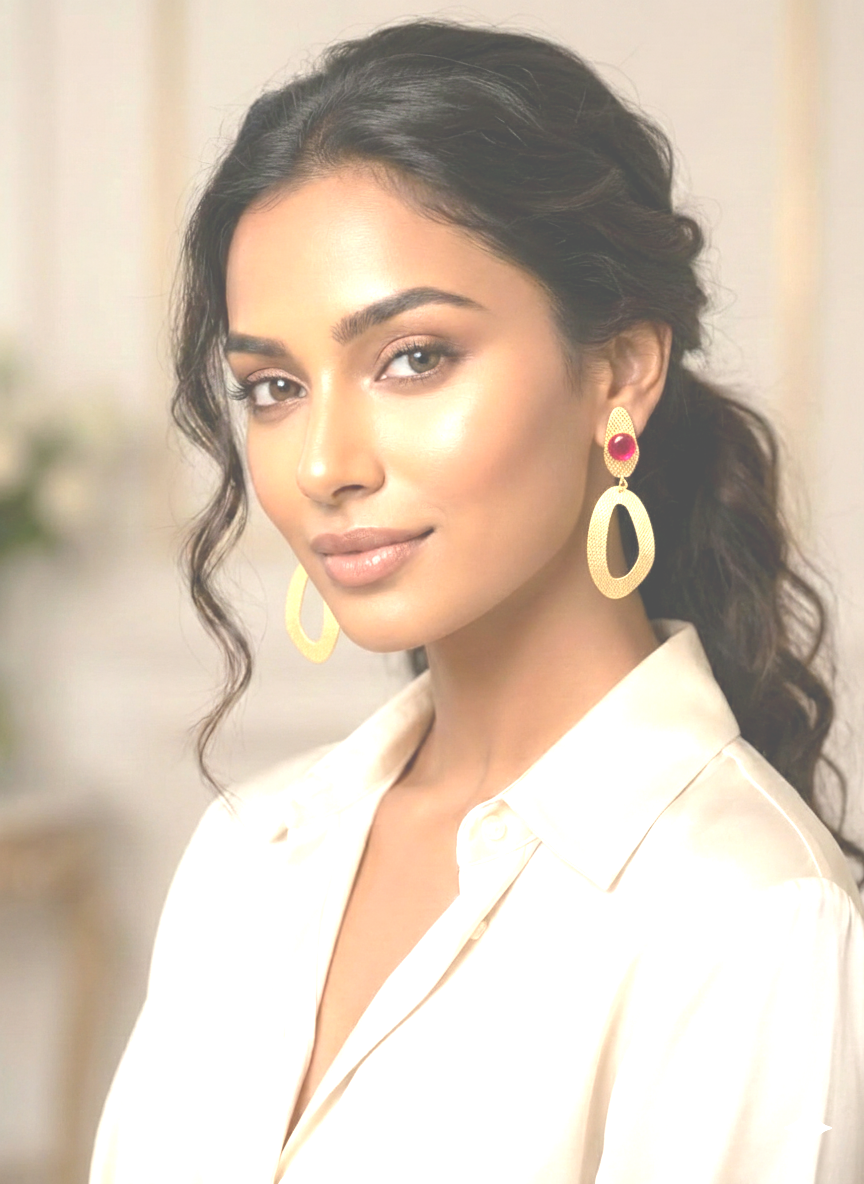 Handcrafted Brass Drop Earrings with Red Stone | Elegant Gold-Tone Statement Earrings – RavJyoti