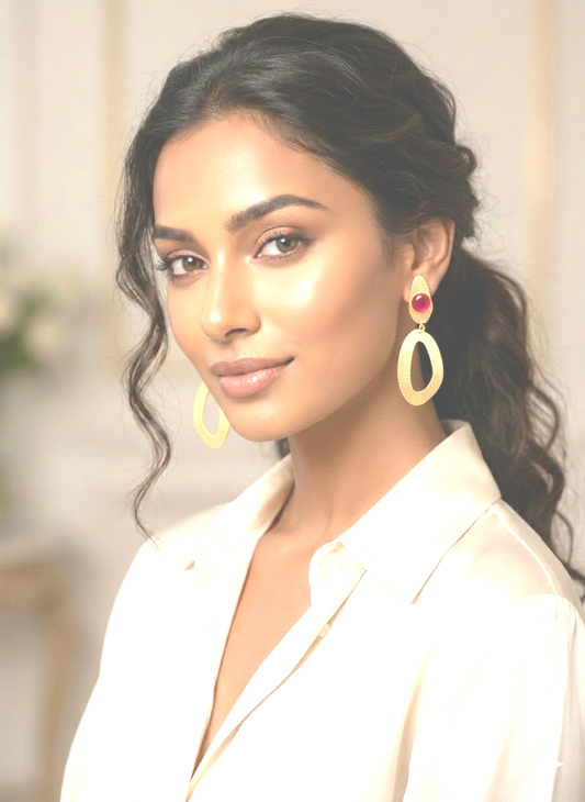 Handcrafted Brass Drop Earrings with Red Stone | Elegant Gold-Tone Statement Earrings – RavJyoti