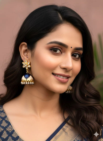 Handcrafted Floral Blue Enamel Jhumka Earrings in Brass – Traditional Ethnic Jewellery for Women