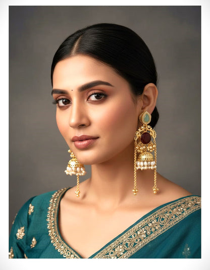 Handcrafted Gold Polish Kundan Pearl Jhumka Earrings for Women