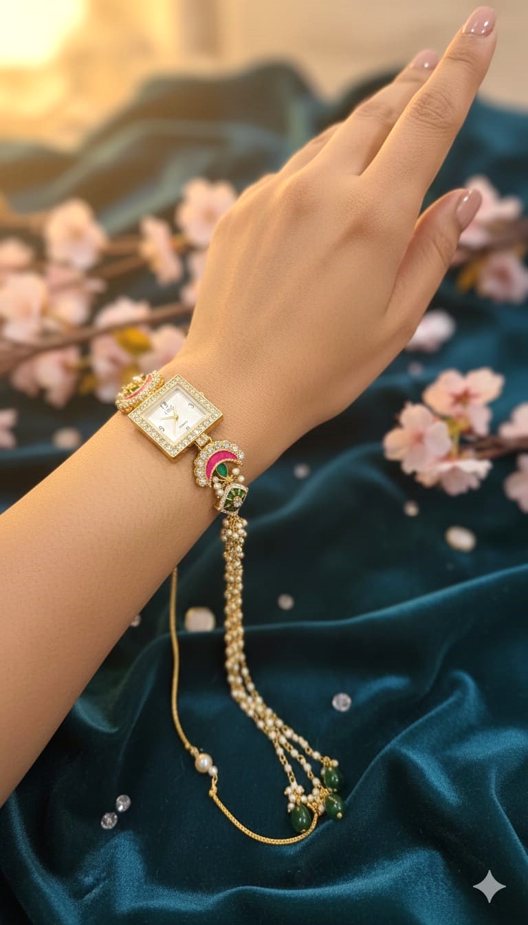 Handcrafted Kundan Meenakari Jewellery Watch for Women