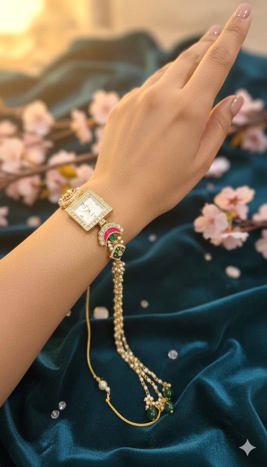 Handcrafted Kundan Meenakari Jewellery Watch for Women