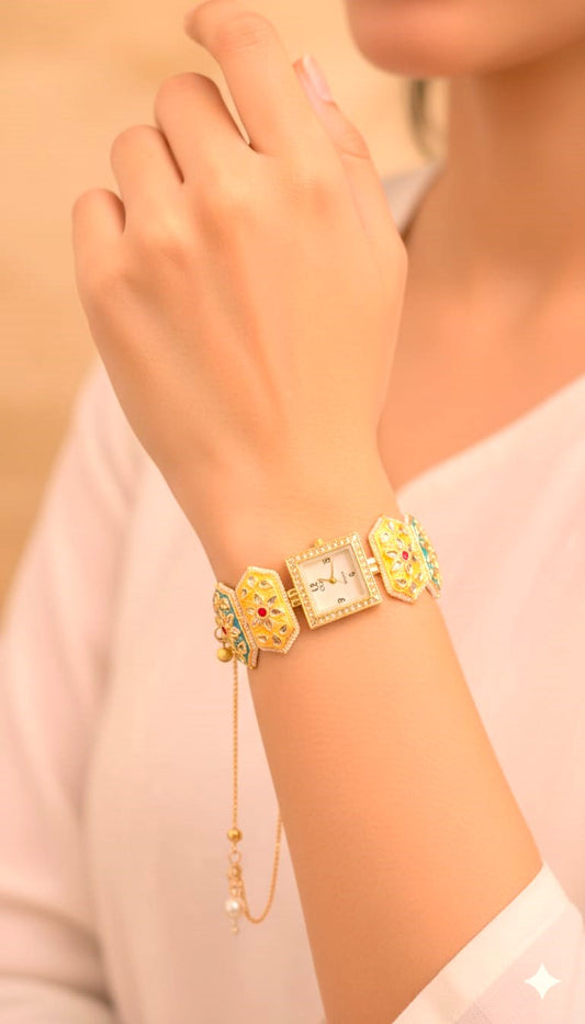 Handcrafted Meenakari Square Dial Jewellery Watch for Women