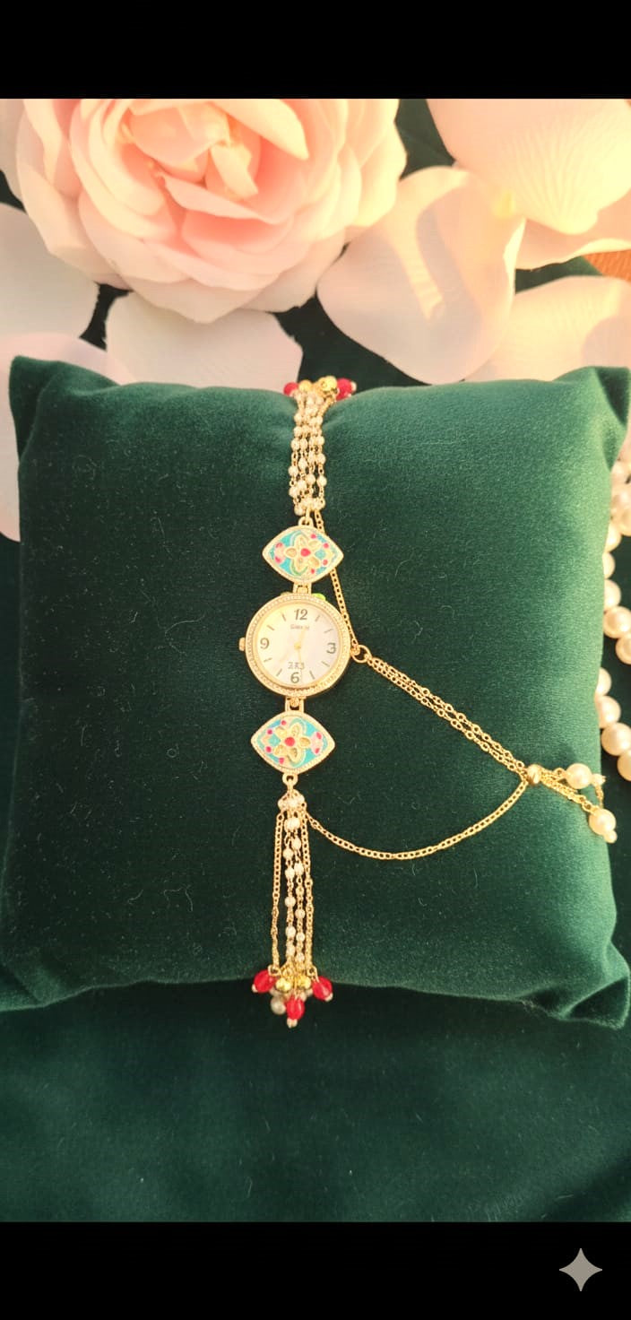 Handcrafted Kundan Meenakari Jewellery Watch for Women