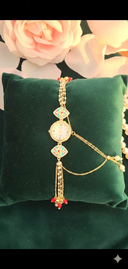 Handcrafted Kundan Meenakari Jewellery Watch for Women