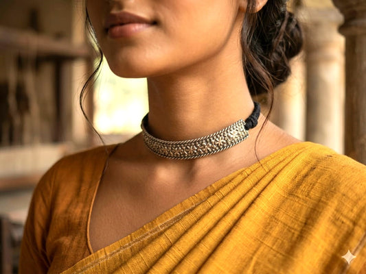 Handcrafted Oxidised Silver Floral Choker Necklace for Women