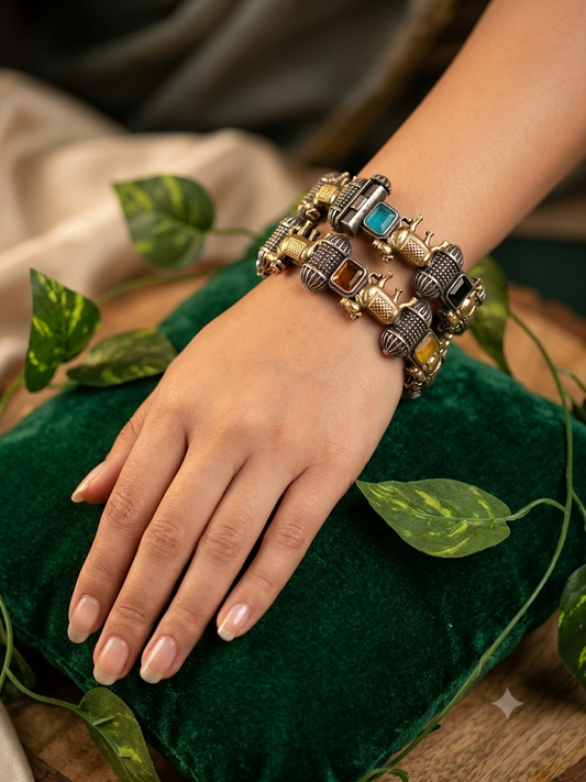 Handcrafted Oxidized Silver Stone Bangles ( In pair )