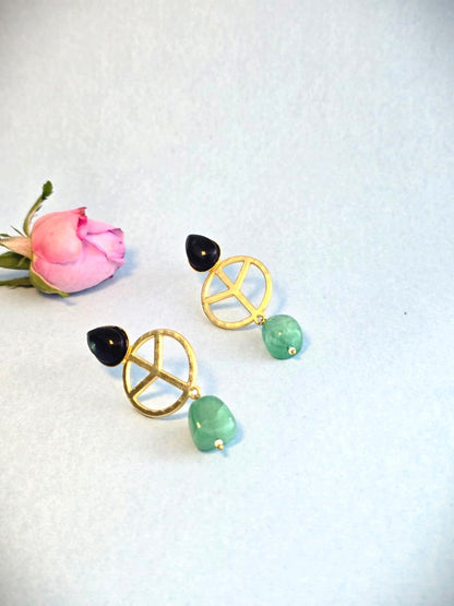 Handcrafted Brass Drop Earrings with Black & Green Stone | Contemporary Ethnic Earrings – RavJyoti