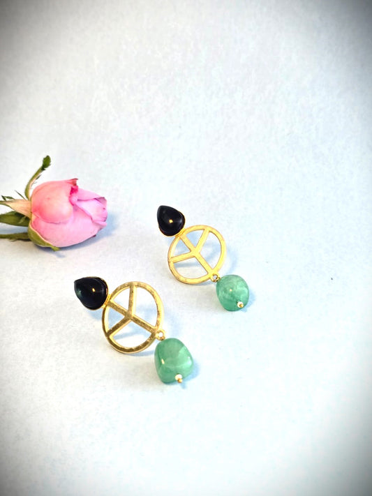 Handcrafted Brass Drop Earrings with Black & Green Stone | Contemporary Ethnic Earrings – RavJyoti