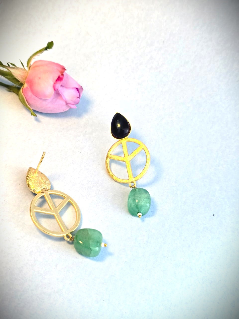 Handcrafted Brass Drop Earrings with Black & Green Stone | Contemporary Ethnic Earrings – RavJyoti