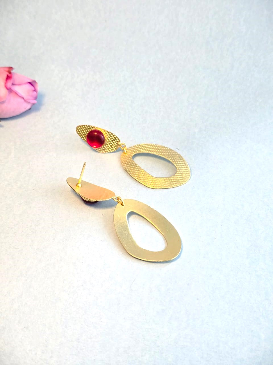 Handcrafted Brass Drop Earrings with Red Stone | Elegant Gold-Tone Statement Earrings – RavJyoti