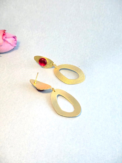 Handcrafted Brass Drop Earrings with Red Stone | Elegant Gold-Tone Statement Earrings – RavJyoti