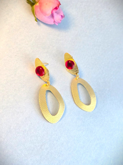 Handcrafted Brass Drop Earrings with Red Stone | Elegant Gold-Tone Statement Earrings – RavJyoti