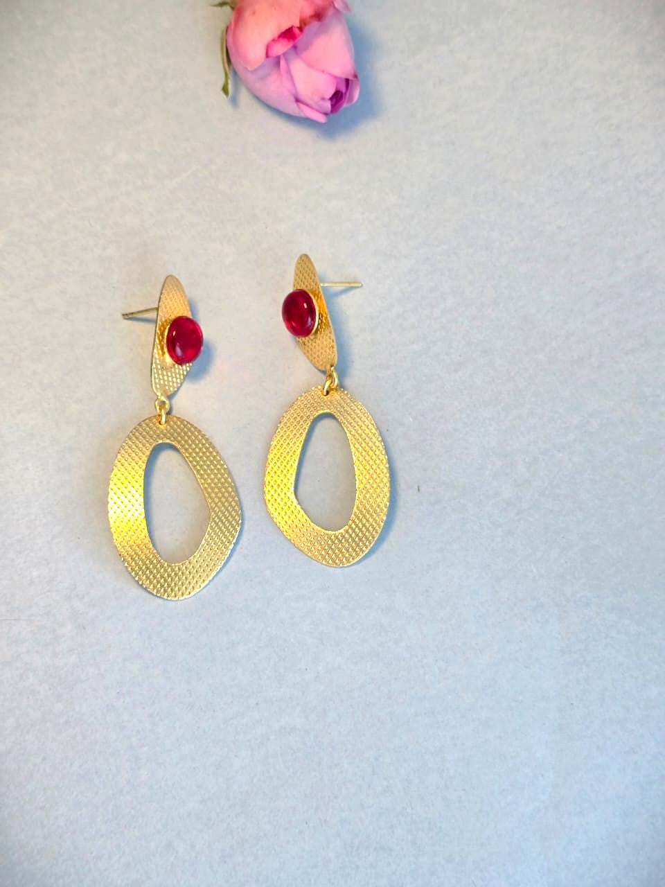 Handcrafted Brass Drop Earrings with Red Stone | Elegant Gold-Tone Statement Earrings – RavJyoti