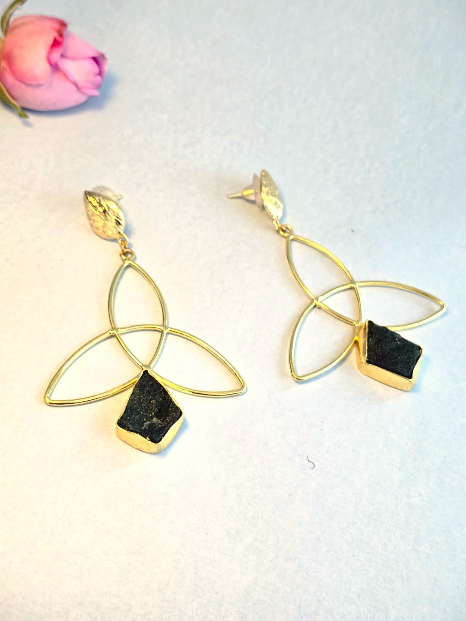 Handcrafted Brass Geometric Drop Earrings with Black Stone | Modern Statement Earrings – RavJyoti