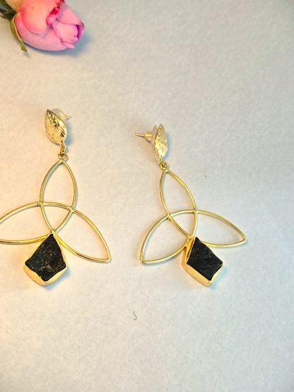 Handcrafted Brass Geometric Drop Earrings with Black Stone | Modern Statement Earrings – RavJyoti