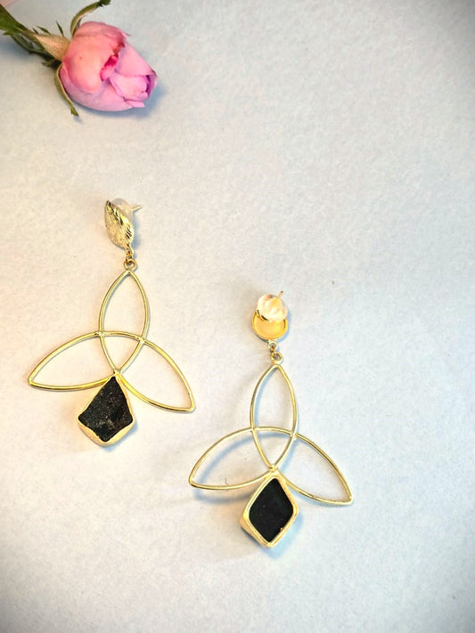 Handcrafted Brass Geometric Drop Earrings with Black Stone | Modern Statement Earrings – RavJyoti