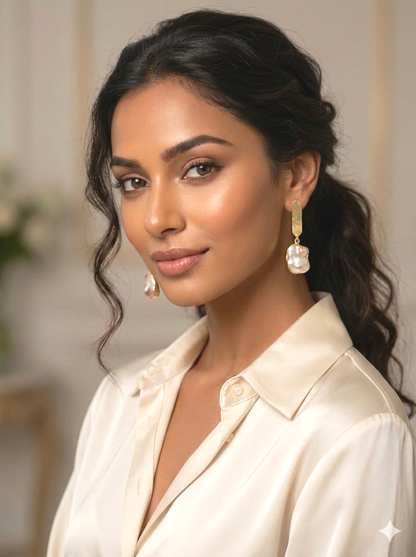 Handcrafted Brass Pearl Drop Earrings | Elegant Gold-Tone Statement Earrings – RavJyoti