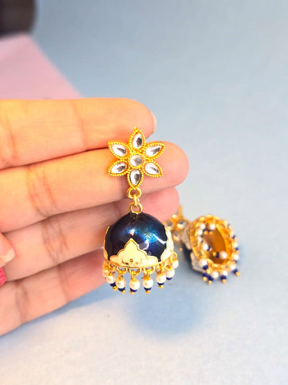 Handcrafted Floral Blue Enamel Jhumka Earrings in Brass – Traditional Ethnic Jewellery for Women