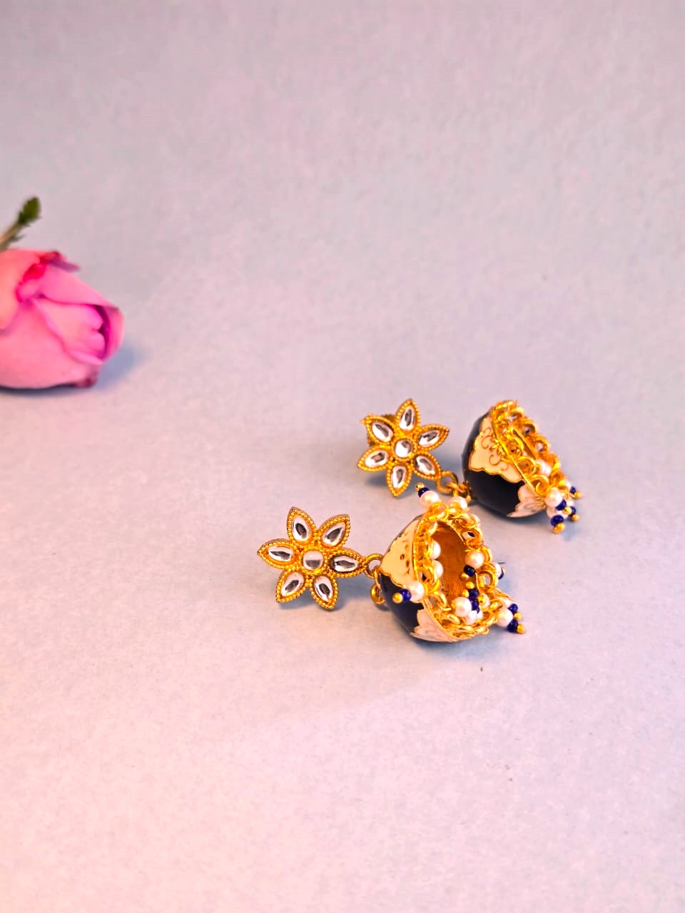 Handcrafted Floral Blue Enamel Jhumka Earrings in Brass – Traditional Ethnic Jewellery for Women