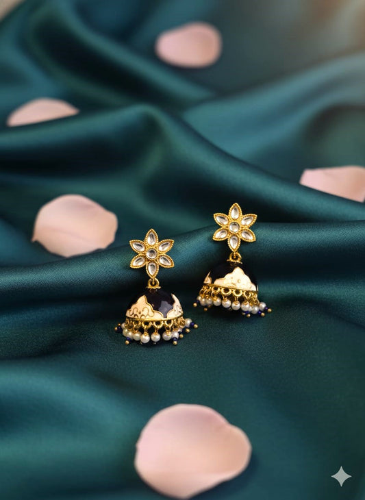 Handcrafted Floral Blue Enamel Jhumka Earrings in Brass – Traditional Ethnic Jewellery for Women