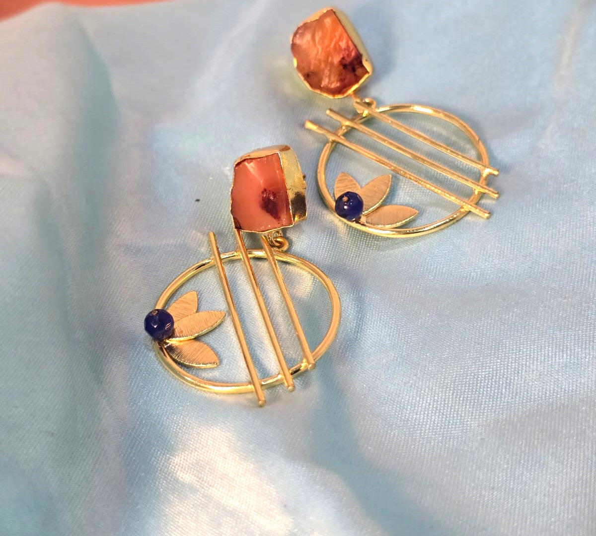 Handcrafted Gold Finish Geometric Hoop Earrings with Natural Stone