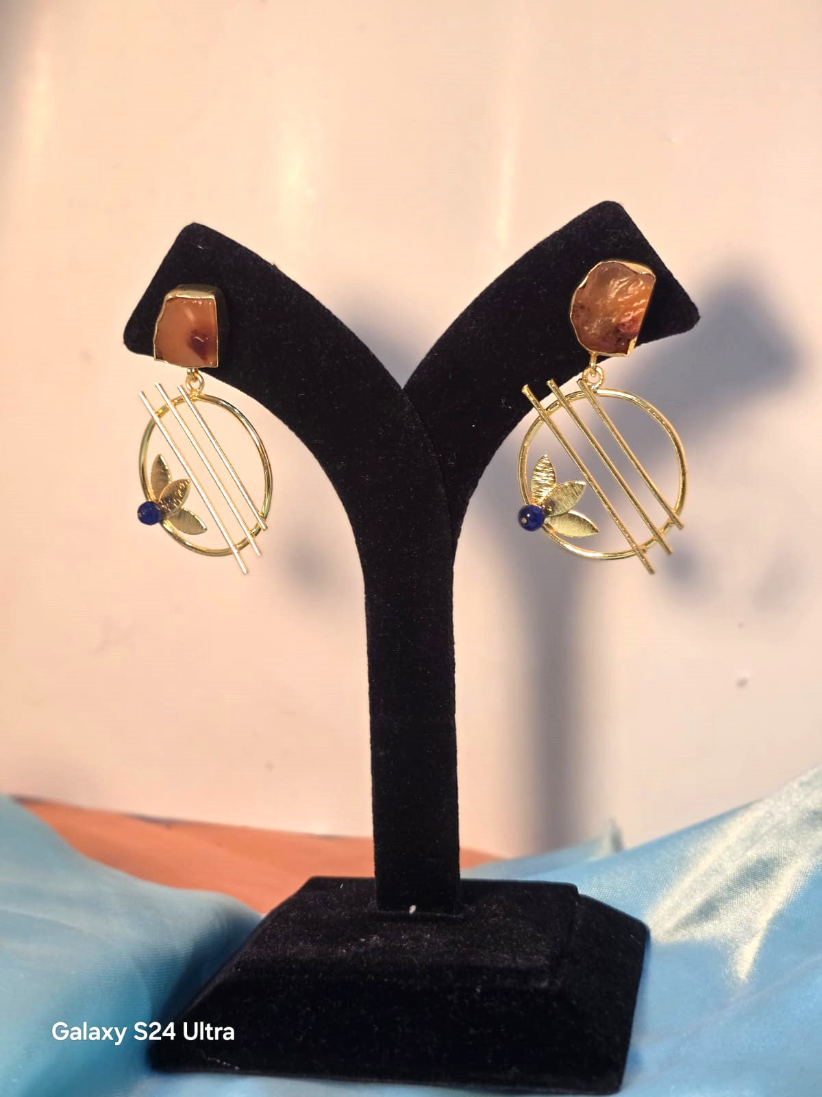 Handcrafted Gold Finish Geometric Hoop Earrings with Natural Stone