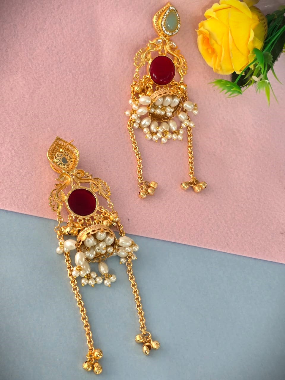 Handcrafted Gold Polish Kundan Pearl Jhumka Earrings for Women