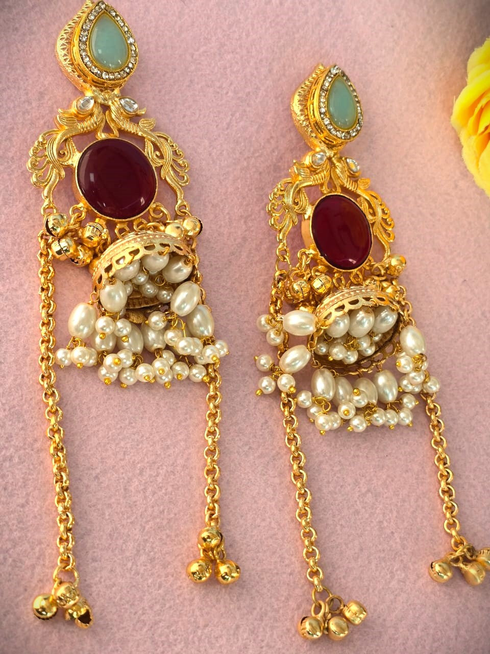 Handcrafted Gold Polish Kundan Pearl Jhumka Earrings for Women