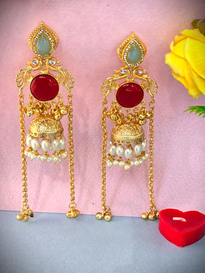 Handcrafted Gold Polish Kundan Pearl Jhumka Earrings for Women