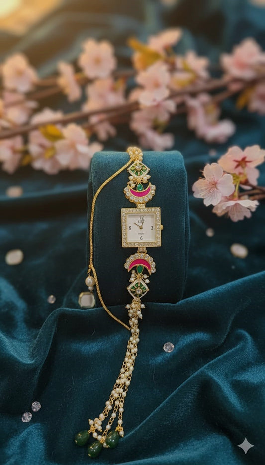 Handcrafted Kundan Meenakari Jewellery Watch for Women