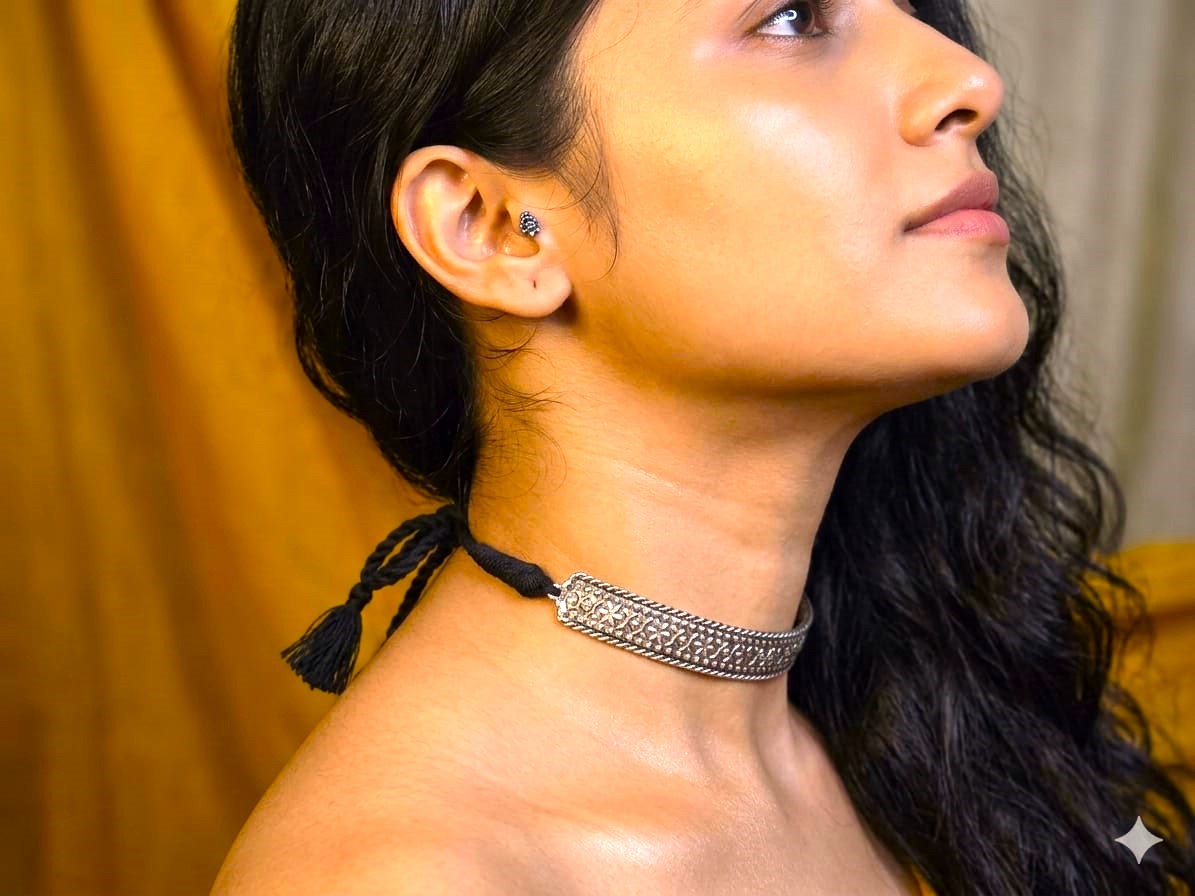 Handcrafted Oxidised Silver Floral Choker Necklace for Women