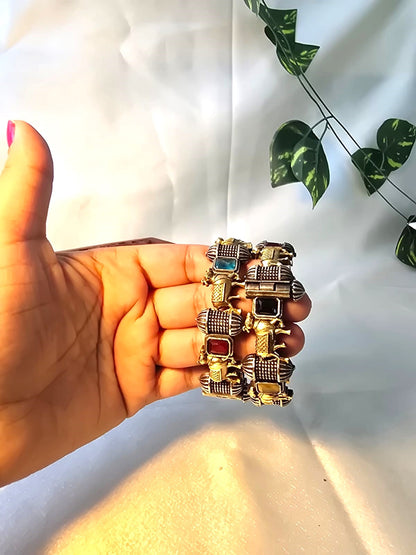 Handcrafted Oxidized Silver Stone Bangles ( In pair )